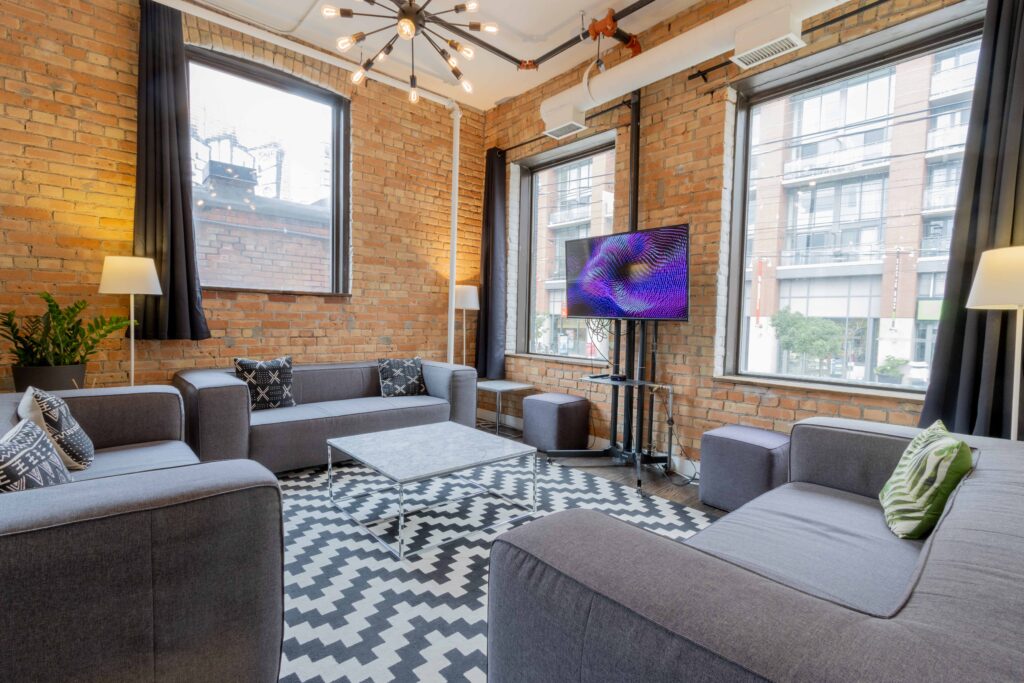 Larger spaces for rent at StartWell in Toronto include lounge areas to take breaks from conference sessions and relax or collaborate - with AV included
